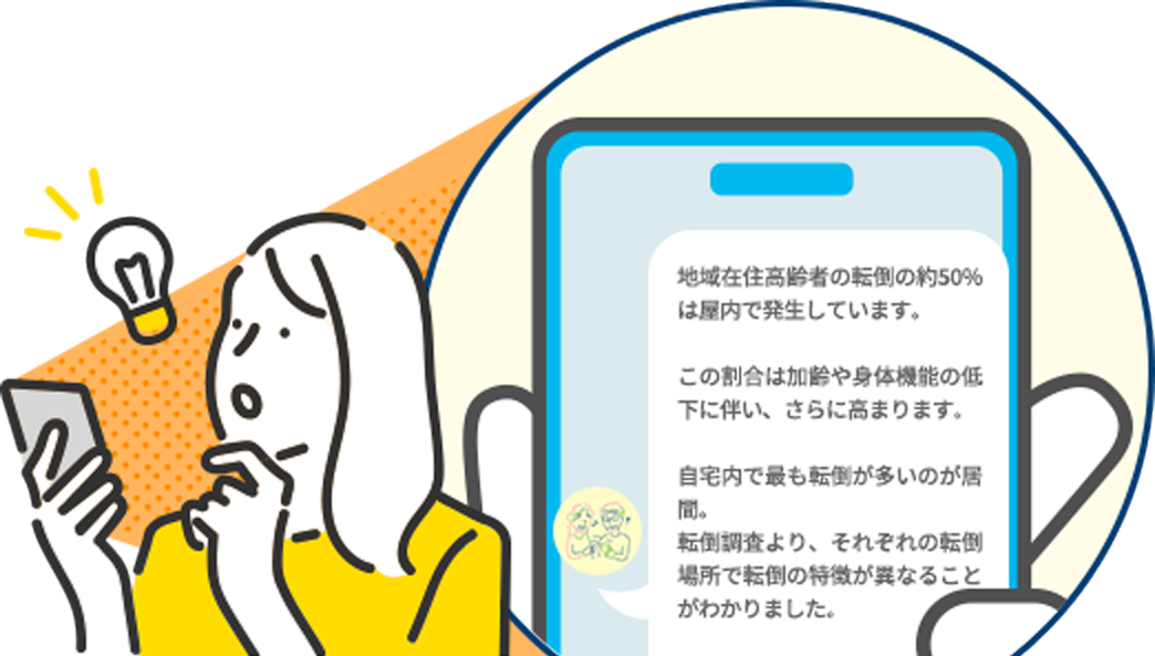 地域在住高齢者の転倒の約50%は屋内で発生しています。この割合は加齢や身体機能の低下に伴い、さらに高まります。自宅内で最も転倒が多いのが居間。転倒調査より、それぞれの転倒場所で転倒の特徴が異なることがわかりました。